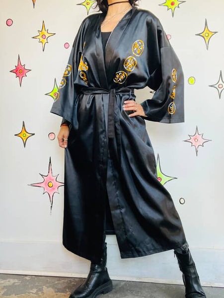 Vintage Black & Gold Satin Embroidered Kimono Lounge Robe w Dragon Size M-L