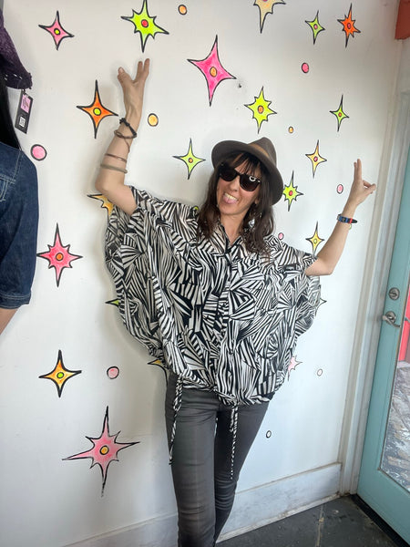 Nicole Miller Sheer Op Art Blouse Avant Garde Black White Statement Top Y2K L