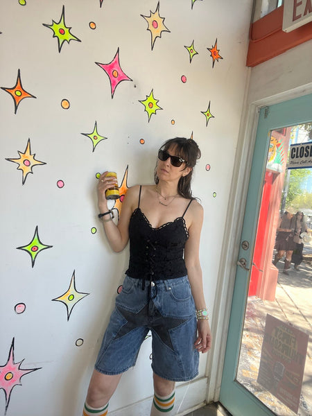 Y2K Denim Jorts with Star Detail - Grunge Emo Streetwear Long Shorts SM