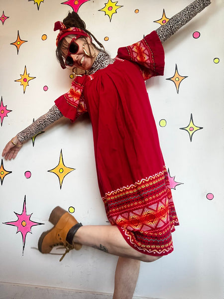 Vintage Mexican Embroidered Dress Red Oaxacan Folk Boho Fiesta Cotton - SM