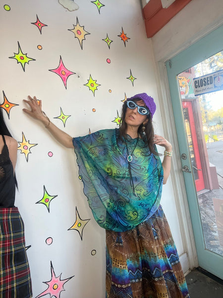 Y2K Teal Mesh Paisley Festival Poncho - Fairycore Whimsy Grunge - Free Size