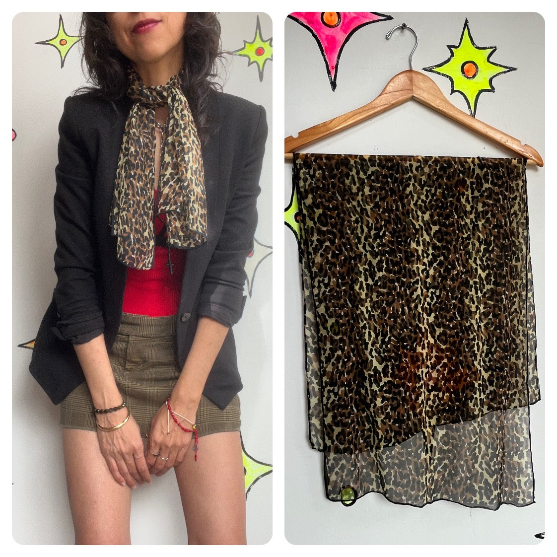 Vintage | Sheer Silk Leopard Print Scarf | Retro Glam Old Hollywood 50s 80s 90s