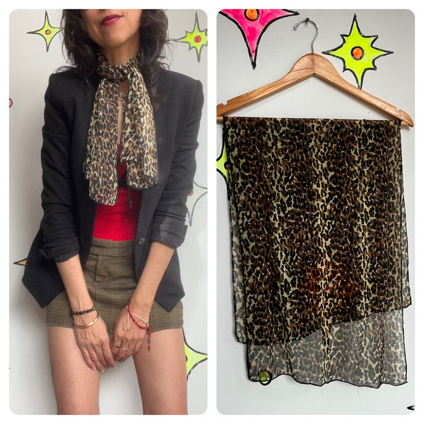 Vintage | Sheer Silk Leopard Print Scarf | Retro Glam Old Hollywood 50s 80s 90s