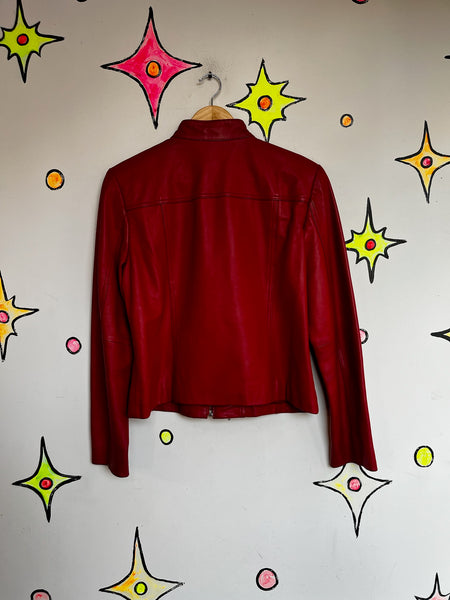 Y2K Cherry Red Leather Jacket - Indie Sleaze Glam Rock Moto Style - Size M