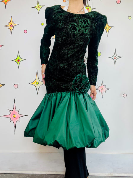 Vintage 80s Green & Black Glitter Prom Dress Poofy Bubble Hem Party Gown Size 4