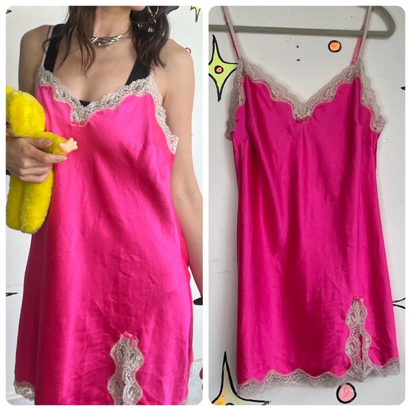 Vintage Victoria’s Secret Hot Pink Satin Slip Dress Lace Babydoll Lingerie – L
