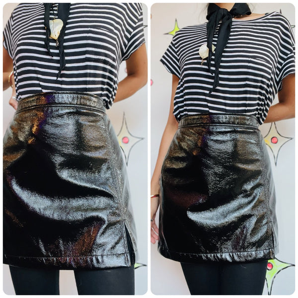 Vintage Y2K Vegan Leather Vinyl Mall Goth Glossy Wet Look Black Mini Skirt L