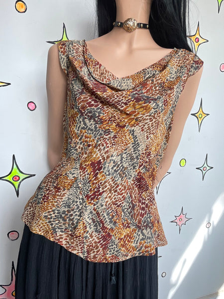 Y2K Silk Cowl Neck Top Snakeskin Print Glam Blouse Earth Tone Fairy Grunge M/L