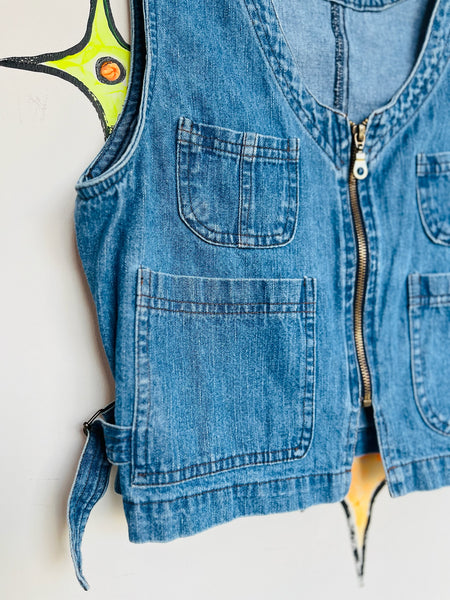 Vintage 90s Y2K Blue Denim Vest | Cropped Zip Up Grunge Utility Layering Top M