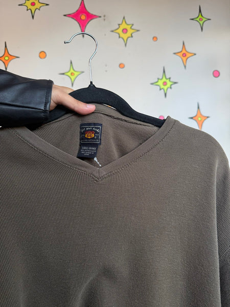 Vintage Y2K Olive Green Striped Sweater Emo Grunge Oversized Skater Pullover L