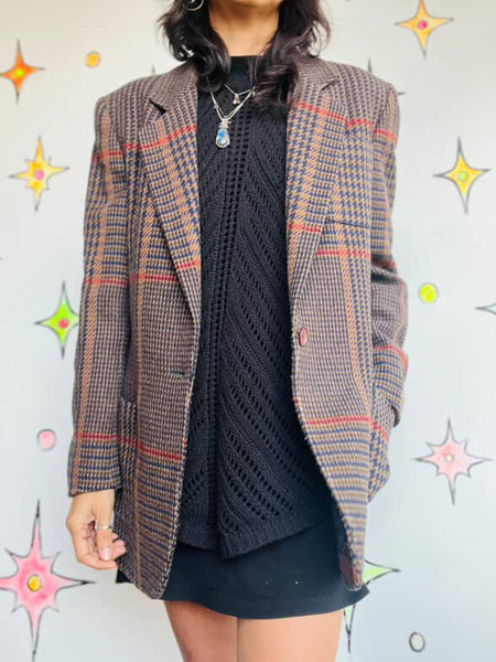 Vintage 80s Brown Houndstooth Blazer Jones New York Wool Look Classic Jacket - 6