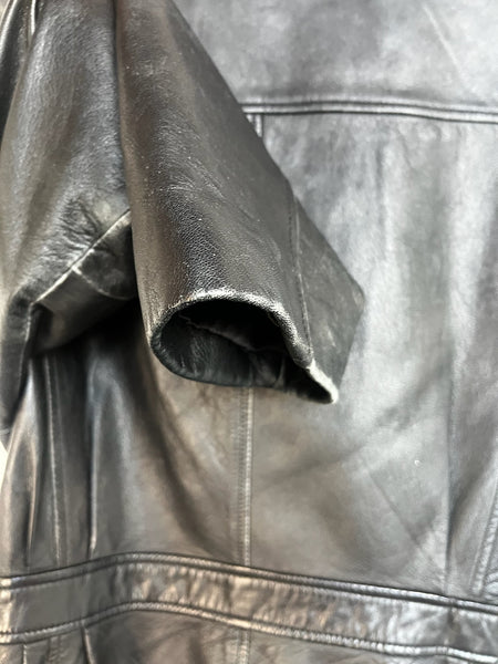 Vintage 90s Thrashed Black Leather Goth Boho Grunge Zip-Up Belted Trench Coat XL