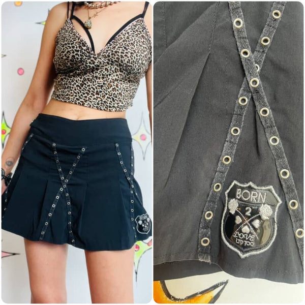 Y2K Black Goth Studded Bondage Pleated Mini Skort – Edgy Punk Grunge – S