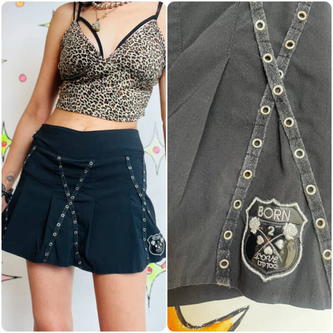 Y2K Black Goth Studded Bondage Pleated Mini Skort – Edgy Punk Grunge – S