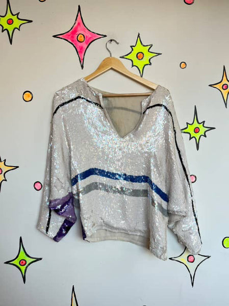 Vintage 80s Disco Glam Fully Sequin Silk Wearable Art Dolman Bat Wing Blouse M/L