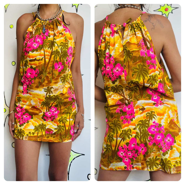 Vintage Tiki Hawaiian Halter Mini Dress - Boho Fairy Grunge - Small