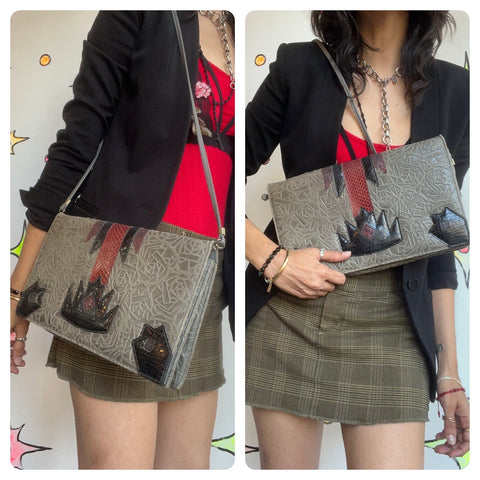 Vintage 80s Gray Red Black Snakeskin Leather Art Wear Bag Designer Handbag Purse
