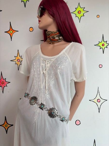 Silver Tone Concho Belt Western Boho Glam Heavy Texture Faux Turquoise | OS