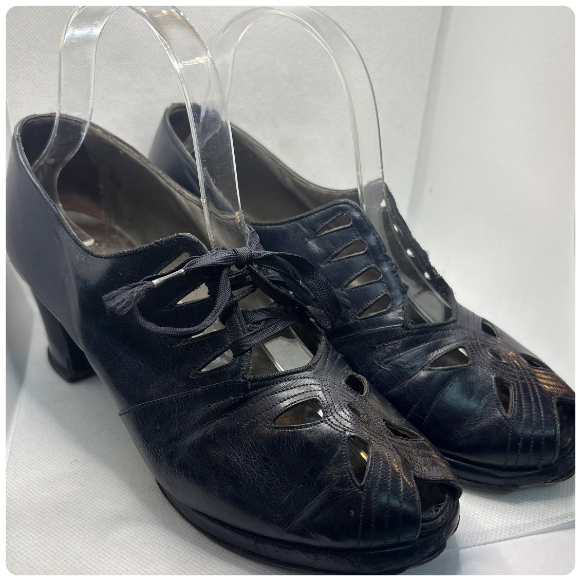 1930s Lace-Up Black Leather Peep Toe Pumps - Low Heel Cutout Design - Size 8