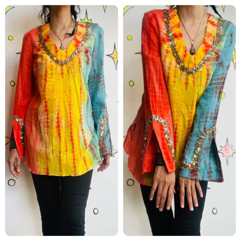Vintage Boho Fairy Rainbow Tie-Dye Bell Sleeve Blouse – Beaded Clowncore - S