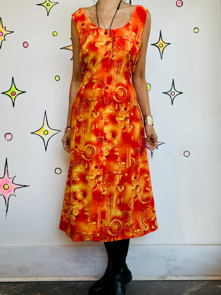 Vintage 90s Y2K Orange & Red Tiki Hawaiian Dress Boho Fairy Grunge Midi – Small