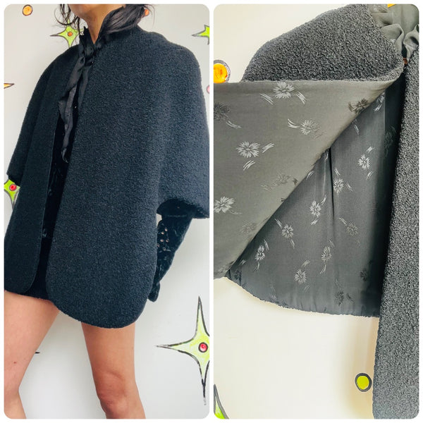 Vintage 50s 60s | Black Satin Lined Persian Lambswool Curly Fur Cape Coat