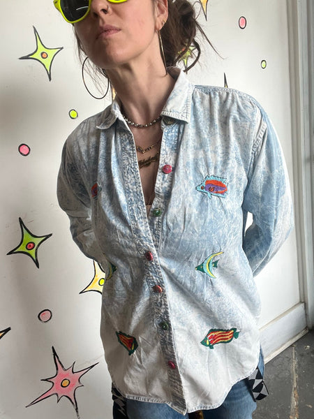 Vintage 80s Acid Wash Rainbow Fish T-Shirt MTO Maximalist Cotton Tee S
