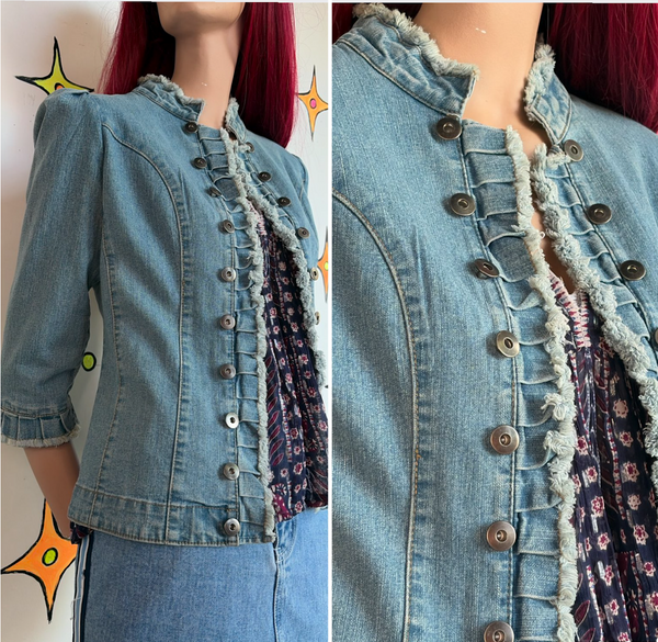 Y2K Denim Military Jacket Soft Grunge Ruffled Utility Blazer Fairy Coquette S