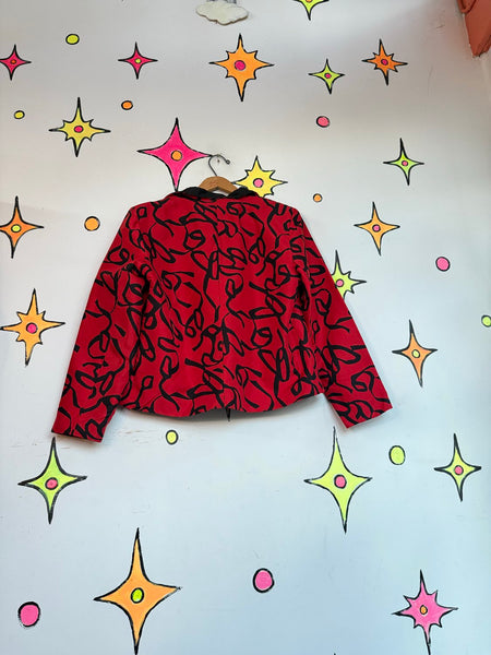 Vintage 80s 90s Silk Blazer Red Black Abstract Art Whimsy Goth Jacket Blazer M