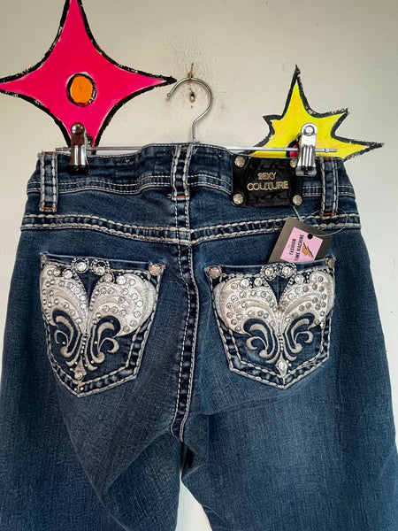 Y2K Rhinestone Denim Flare Jeans Low Rise Embellished Indie Sleaze McBling XS