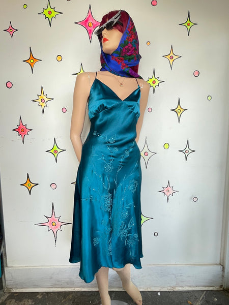 90s Peacock Blue Beaded Slip Dress Mermaidcore Silk-Feel Midi Y2K Grunge Fairy M