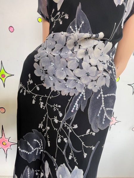 Vintage 90s Y2K Black Whimsy Goth Fairy Grunge Patchwork Floral Maxi Dress - L