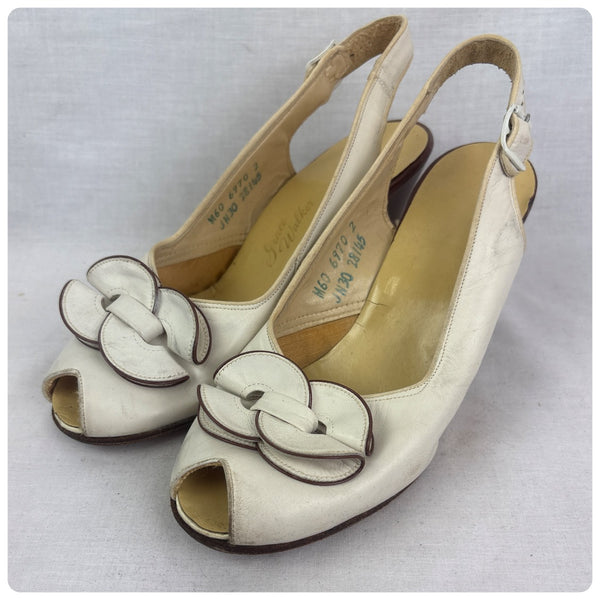 Vintage 1940s White Leather Peep Toe Slingback Heels – Pin-Up Cha Cha Style – 6
