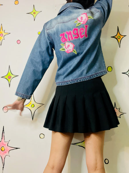 Vintage Y2K Embellished Denim Jean Jacket | ANGEL Roses Patches | Coquette | S