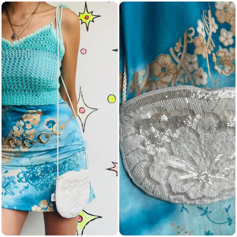 Vintage 80s White Beaded Antique Look Victorian Rococo Revival Mini Clutch