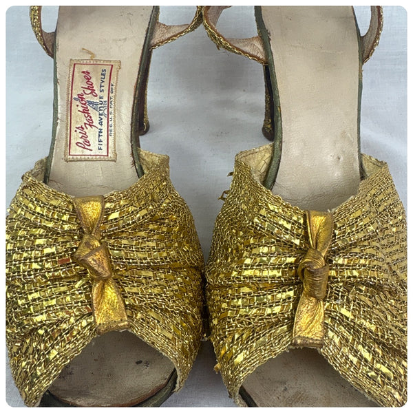 1930s Art Deco Strappy Metallic Gold Lame Woven Peep Toe Heels US Size 7