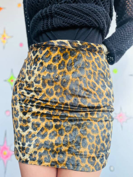 Vintage 80s Leopard Velvet Mini Skirt - Handmade Glam Punk Grunge Goth - 5/6