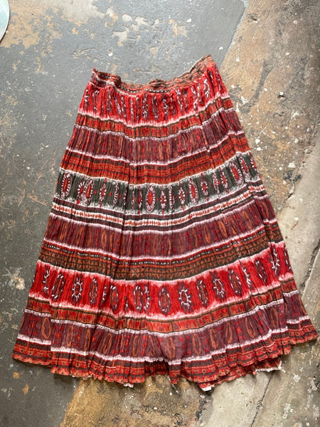 Vintage 80s 90s Red Western Boho Gauzy Flowy Maxi Skirt Global Coffeehouse