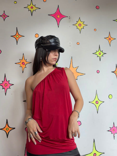 Y2K Red Asymmetrical Top | Indie Sleaze Fairy Grunge Going Out Stretch Blouse L