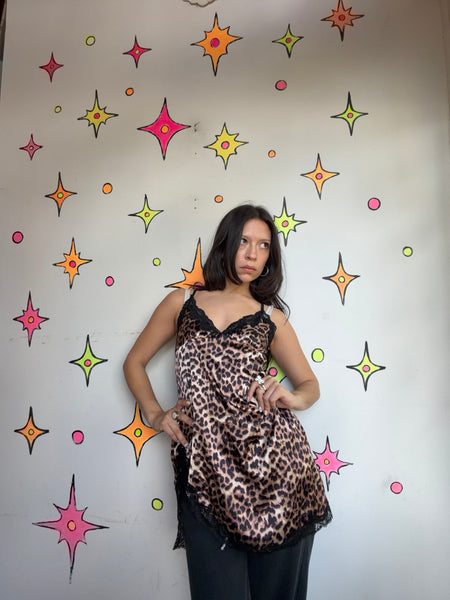 Vintage Satin Leopard Print Dress Animal Print Mini Indie Sleaze Goth Vixen M