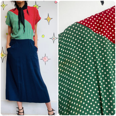 Vintage 40s 50s | Patchwork Pin Up Shirt Swing Dress with Polka Dots | Size L