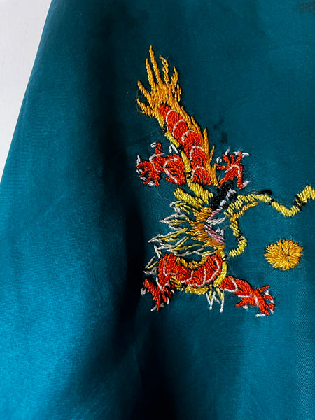 Vintage Teal Silk Embroidered Kimono Robe | Dragon Motif Grunge Lounge Wear | M