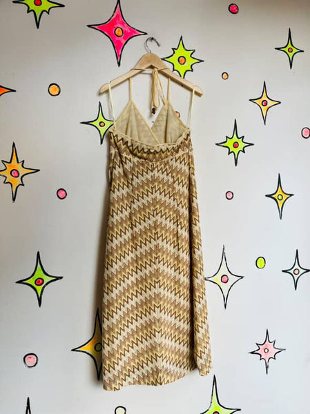 90s Y2K Earth-Tone Zigzag Embroidered Halter Dress - Fairy Grunge - Sz 4