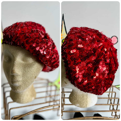 Vintage Cherry Red Sequin Beret - French Style Hat - Glam Y2K Coquette Accessory