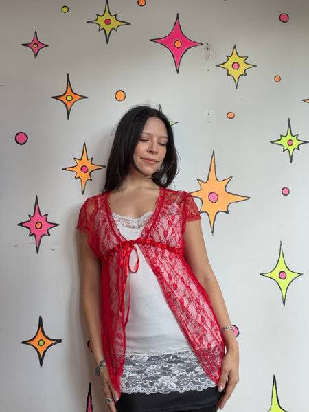 Vintage White Crochet Long Vest ' Boho Western Duster Fairy Grunge Lace Layer SM