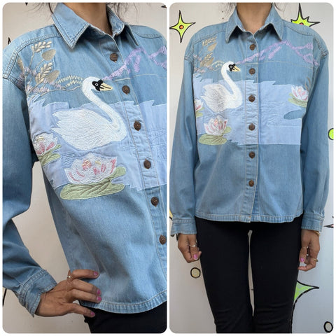 Vintage 80s Denim Embroidered Swan Top | Boho Grunge Cottagecore Shirt | Size M
