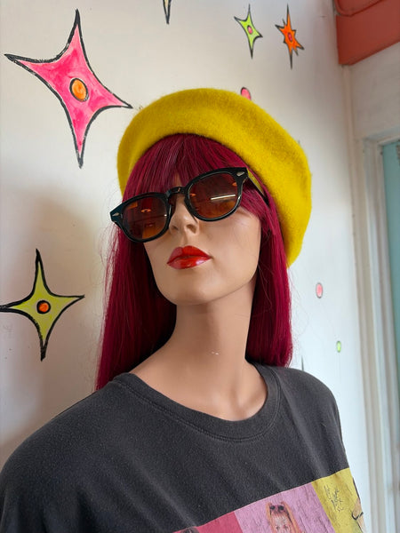 Bright Yellow Wool-Blend Beret Kawaii Whimsigoth Fairy Grunge Hat Accessory