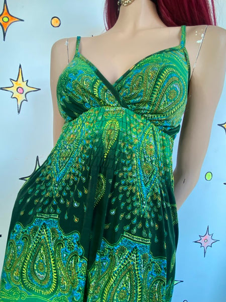 Boho Forest Green Paisley Fairy Slip Dress Whimsigoth Grunge Ethereal S