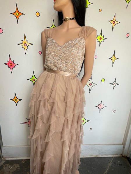 Y2K Lace Rhinestone Formal Dress Chiffon Tiered Ruffle Maxi Fairy Grunge Prom M