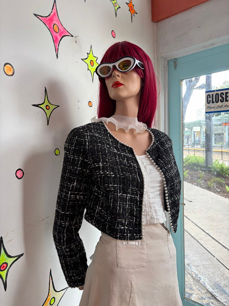 Y2K Tweed Cropped Blazer Black White Faux Pearl Trim Preppy Glam Coquette SM